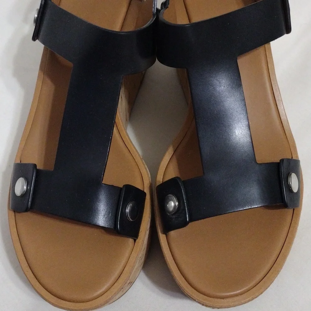 NEW Frye Black Leather Cork Wedge Platform Sandals Boho Luxe US 8.5 MSRP $458